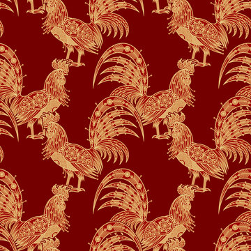 Seamless pattern with decorative roosters.