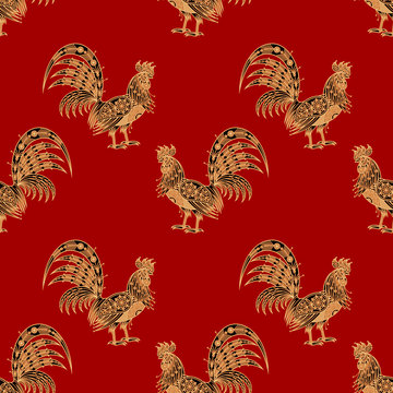 Seamless pattern with decorative roosters.