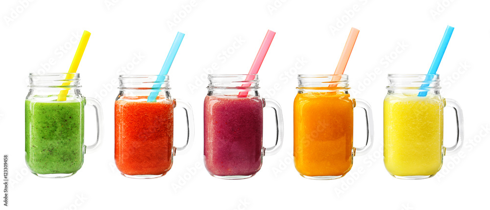 Wall mural Collage of glass jars with fresh delicious smoothie and straw on white background