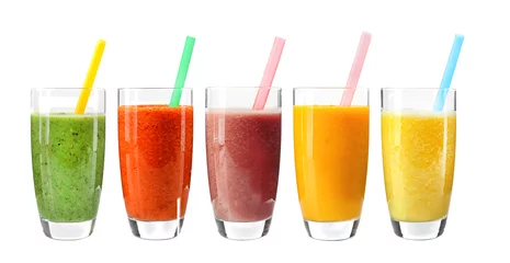 Wall murals Juice Collage of glasses with fresh delicious smoothie and straw on white background
