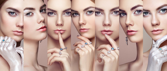 Fototapeta premium Beauty collage. Faces of women. Fashion portrait of young beautiful woman with jewelry. Blonde girl. Perfect make-up. Beauty style woman with diamond accessories