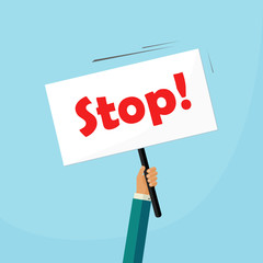 Hand holding stop placard vector illustration, concept of protest signboard, flat cartoon design