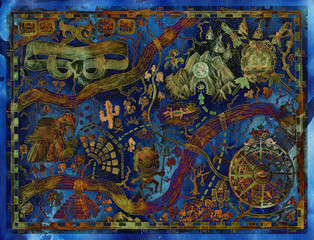 Styled blue vintage map of fantasy land with with pirate treasures