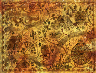 Hand drawn pirate map with treasures hunt and vintage adventures concept
