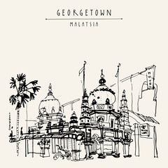 A mosque and palm trees in old part of Georgetown, Penang, Malaysia, Southeast Asia. Chulia street. Hand drawing. Travel sketch. Book illustration, postcard or poster