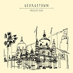 Fototapeta premium A mosque and palm trees in old part of Georgetown, Penang, Malaysia, Southeast Asia. Chulia street. Hand drawing. Travel sketch. Book illustration, postcard or poster