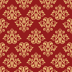 Damask vector classic red and golden pattern. Seamless abstract background with repeating elements