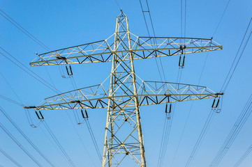 Steel power pylon and high voltage lines