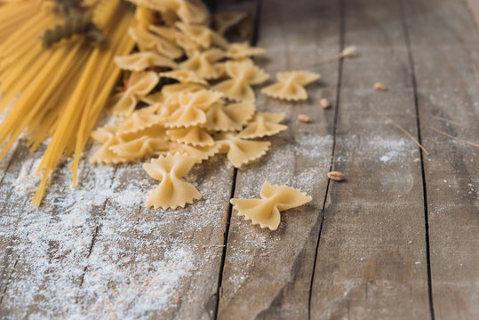 Various Kinds Of Pasta. Italian Food Background. 