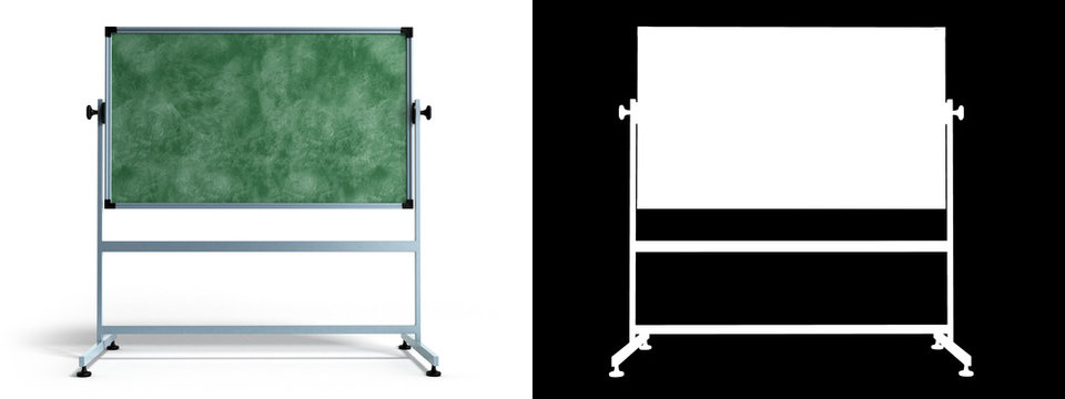 Green chalkboard with metal frame 3d render on white with alpha