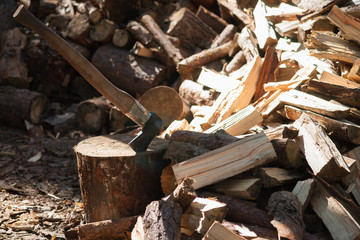 Old ax on log and firewood