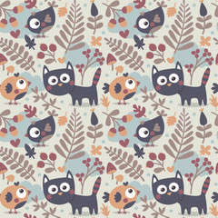 Seamless cute animal autumn pattern made with cat, bird, flower, plant, leaf, berry, heart, friend, floral nature  acorn mushroom hello kitten