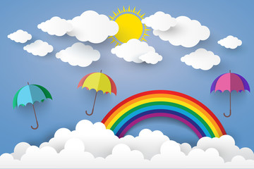 Full Color Umbrella with Cloud  Paper art Style.vector Illusatra