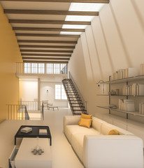 3d rendering beautiful yellow interior living design with daylight from roof