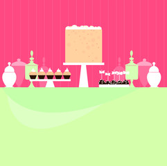 Candy buffet with cake and cupcakes. Wedding dessert bar. Birthday sweet table. Vector illustration.