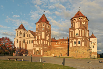 Fototapeta na wymiar Medieval Mirsky Castle Complex. Autumn. Unesco world heritage site.