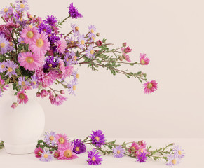 flowers  in ceramic vases on white background
