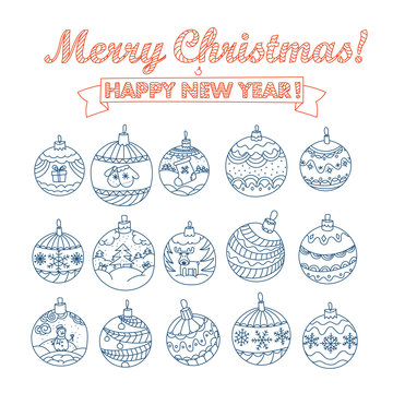 Christmas season vector elements set. Xmas doodle baubles isolat