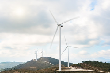 Wind turbines farm in eolic park generating energy with air flow with spinning blades in a rural setting. Clean renewable green wind power concept.
