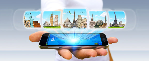 Businessman choosing his holidays between different places of th