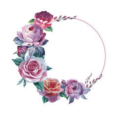 Wildflower rose flower wreath in a watercolor style isolated. Full name of the plant: rose, hulthemia, rosa. Aquarelle wild flower for background, texture, wrapper pattern, frame or border.