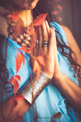 close up of woman hands in namaste gesture - obrazy, fototapety, plakaty