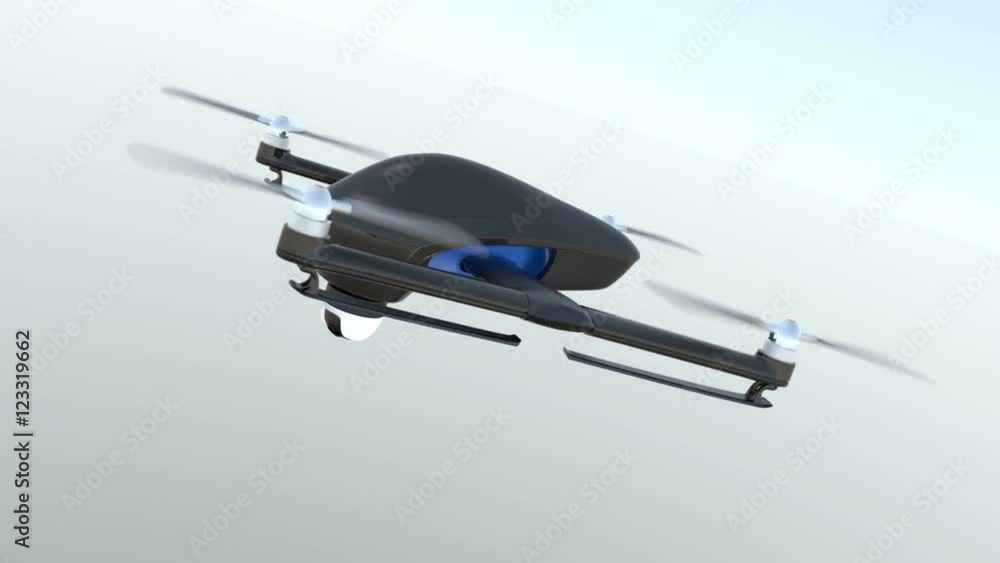 Poster security drones with camera flying in the sky. 3d rendering animation