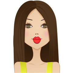 Cute vector girl avatar icon. Happy girl with red lips.