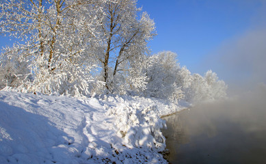 frosty misty morning on the winter river