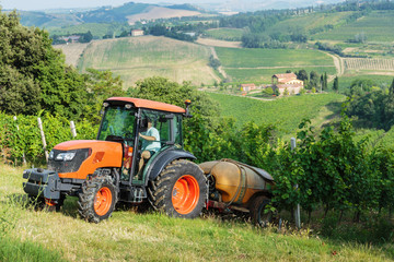 Obraz premium Fields full of vines and red tractor in Tuscany