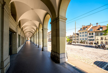 Arch corridor in the old town of Bern city in Switzerland