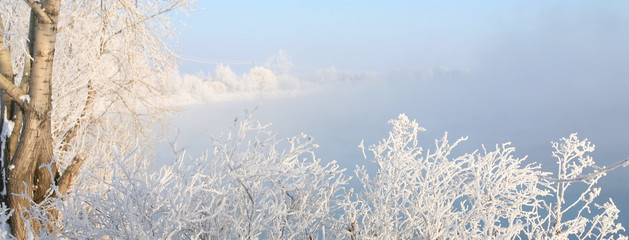 Obraz na płótnie Canvas Frosty morning on the riverbank