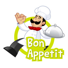 Nice illustration of a cook, he carries a tray