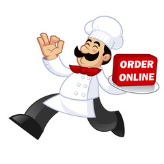 Nice illustration of a cook, he carries a tray