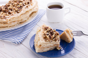 Napoleon cake and coffee for breakfast