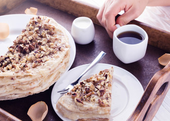 Napoleon cake and coffee for breakfast