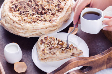 Napoleon cake and coffee for breakfast