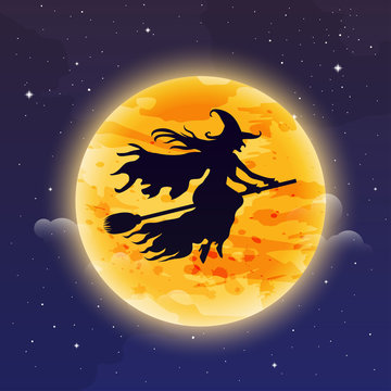 Witch Flying on Broomstick. Halloween background. Witch silhuett