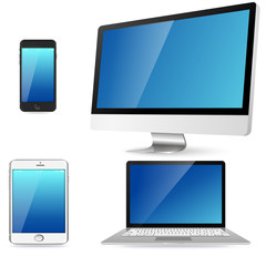 Set of realistic computer monitors, laptops, tablets and mobile phones