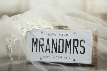 Bridal veil with Mr. and Mrs. placard