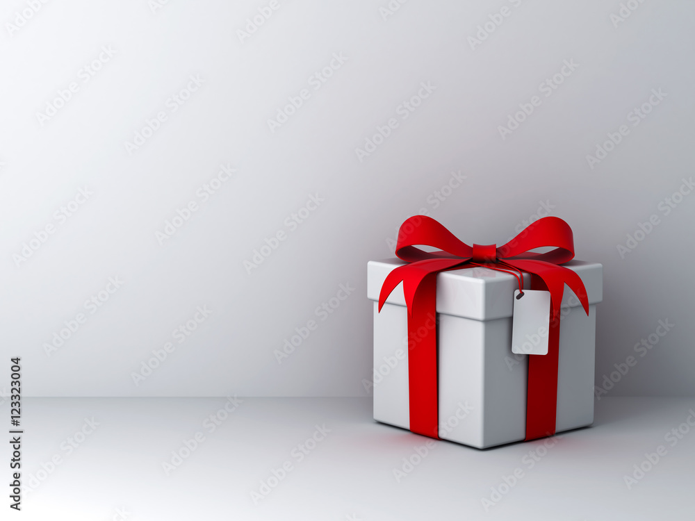 Poster gift box with red ribbon bow and blank tag over white wall background with shadow abstract 3d render