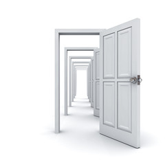 Opened doors to the bright light isolated over white background 3D rendering