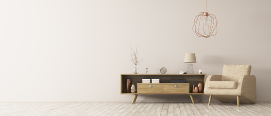 Interior with wooden cabinet and armchair 3d rendering - obrazy, fototapety, plakaty
