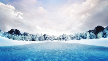 frozen lake in winter mountain landscape