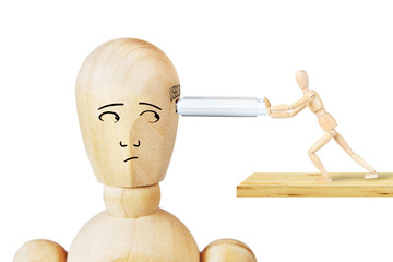 Man inserts USB drive in another human head. Abstract image with