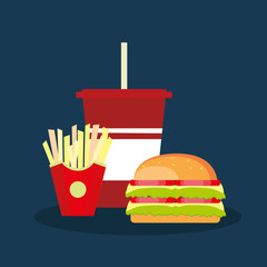 Icon with soda, fries and double hamburger. Vector illustration.