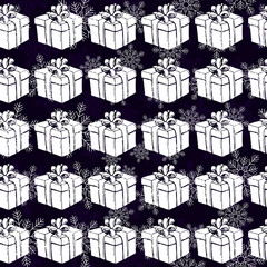 Gift boxes seamless pattern. White presents and snowflake on black background. Winter holidays presents. Vector illustration