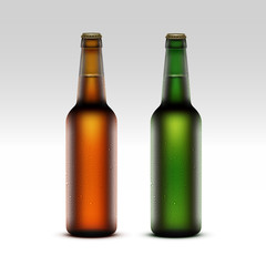 Vector Set of  Closed Blank Glass Transparent Brown Green Yellow Orange Frosty Bottles of  Light Beer with Drops of Water without labels for Branding Close up Isolated on White Background