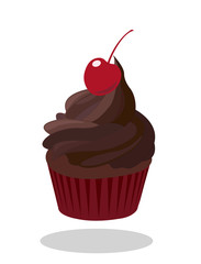 Cupcake with dark chocolate icing decorated and cherry in red paper case. Vector illustration