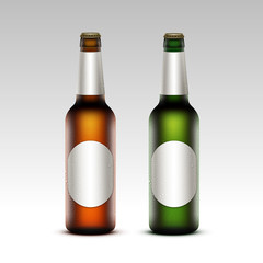 Vector Set of  Closed Blank Glass Transparent Brown Green Yellow Orange Frosty Bottles of  Light Beer with Drops of Water with Round White labels for Branding Close up Isolated on White Background